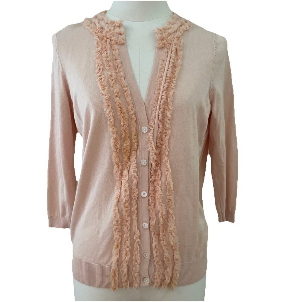 Talbots Womens Silk Blend Cardigan Size Petite S Pastel Sherbet Ruffles Feminine